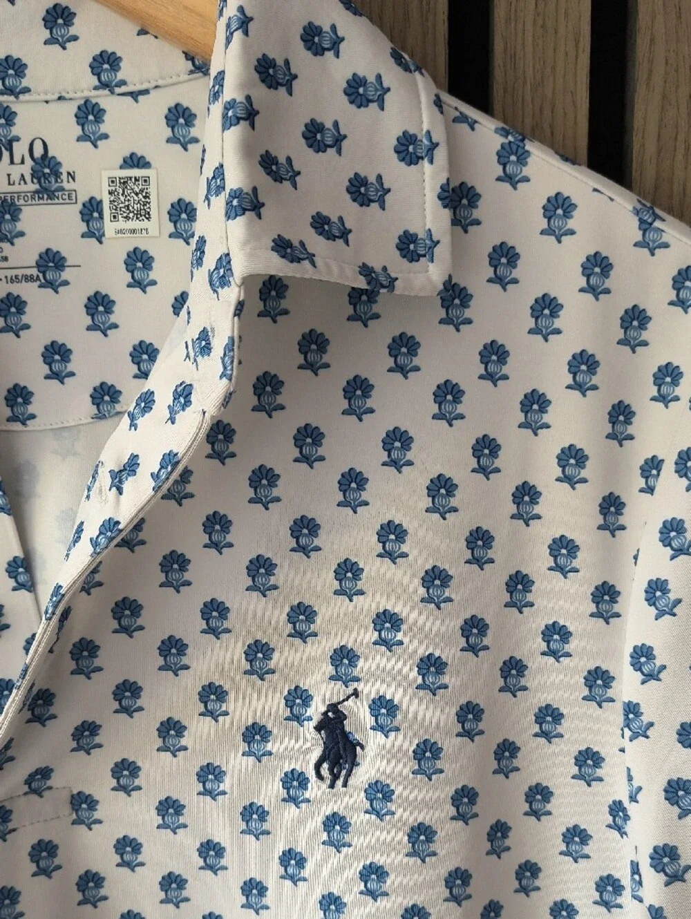 Ralph Lauren White Polo with Blue Micro Floral Pattern